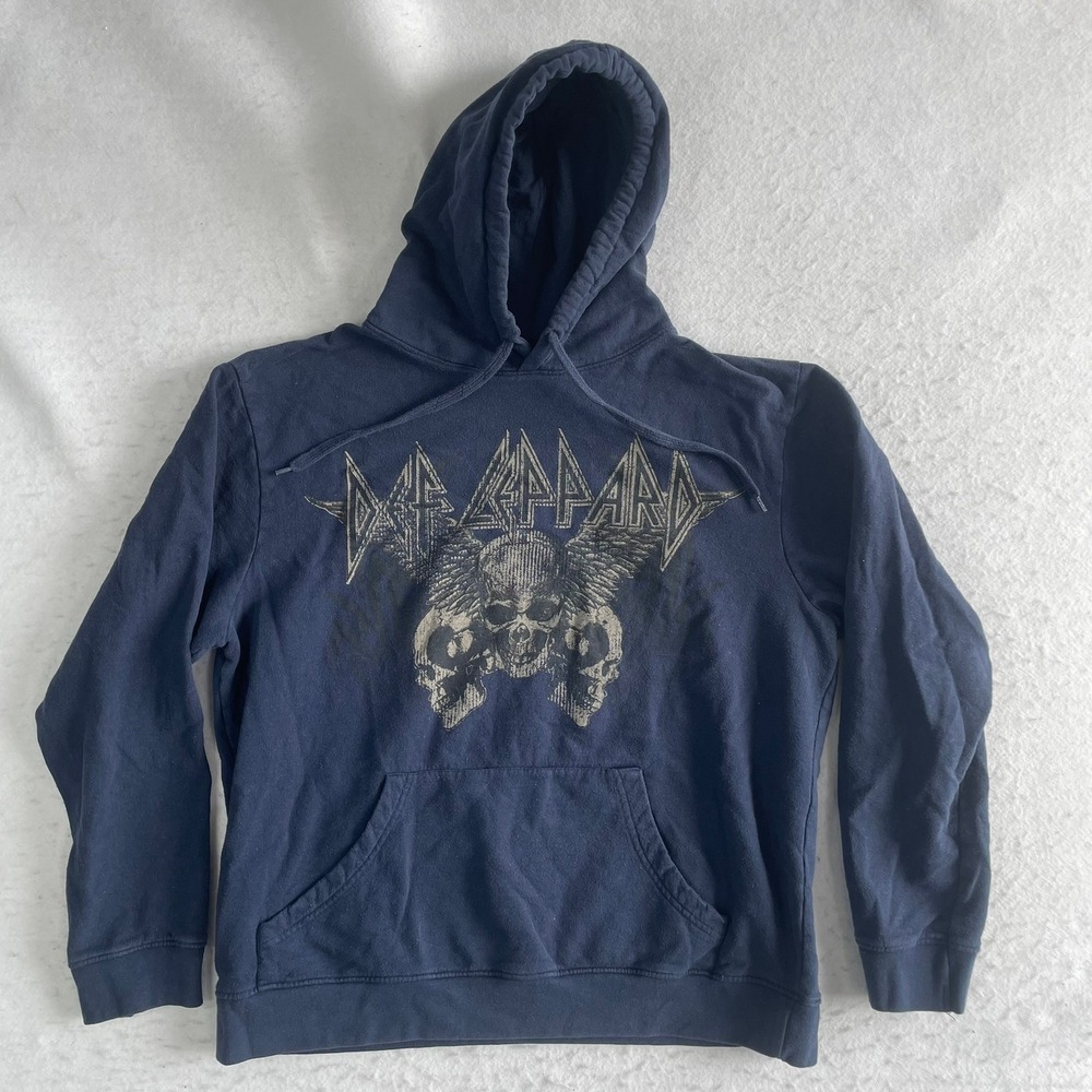 Def Leppard Hoodie Mens Medium Navy Blue Graphic Skull Rock Band Pullover Hooded